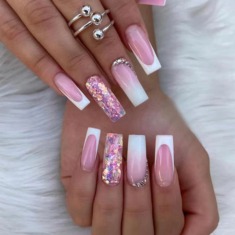 Simple French Gradient Long Pile Rhinestone Fake Nails