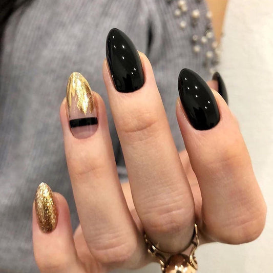 Black and Gold Glitter Pointed Fake Nails – Glamorous Finished Wearable Nail Art