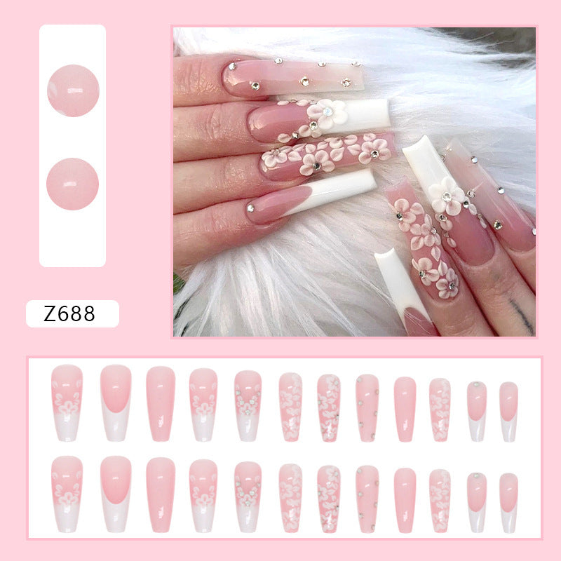 Long Ballerina Diamond French Fake Nails – Elegant Style for Stunning Manicures