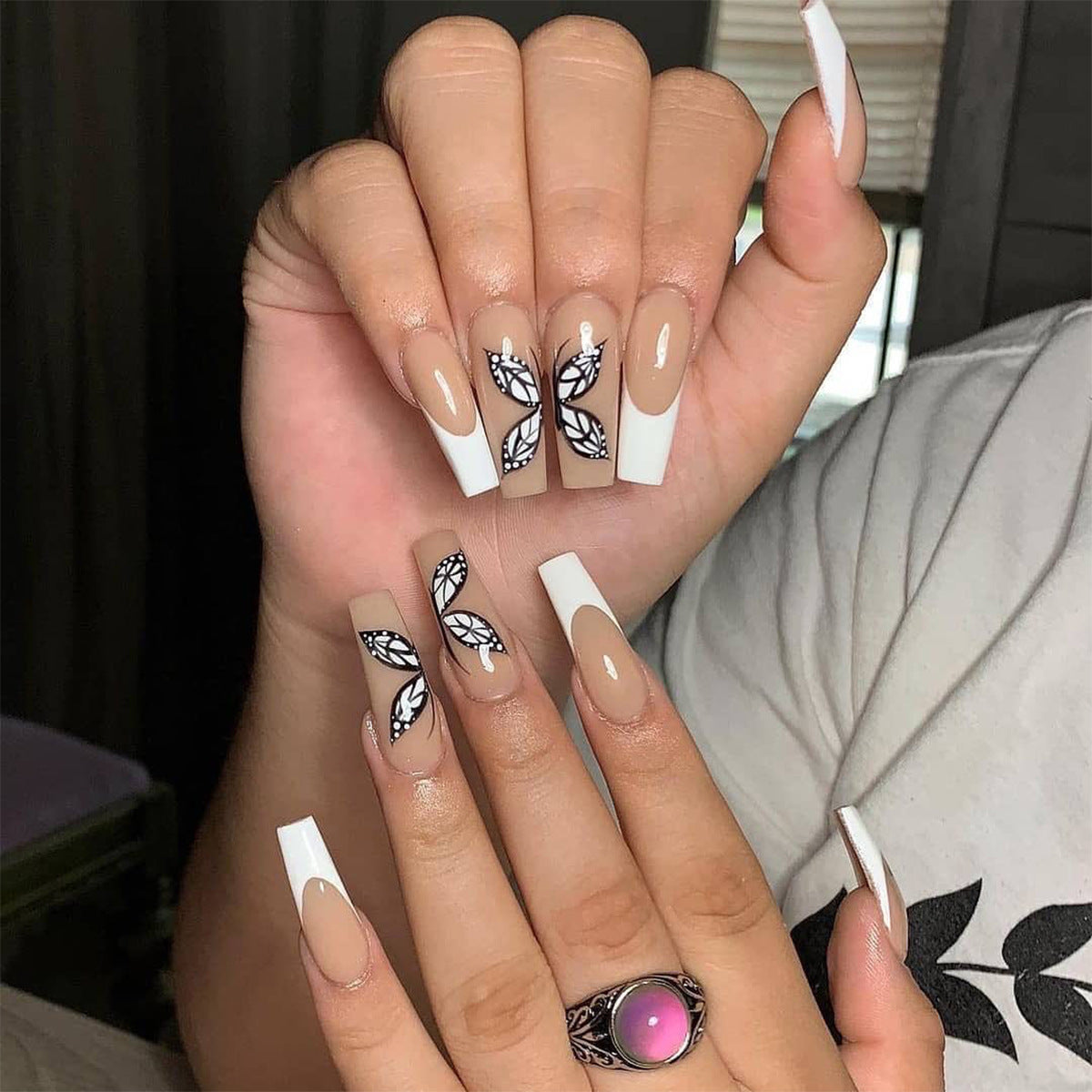 White French Butterfly Fake Nails | Press-On Nail Stickers | Finished Nail Art for Effortless Beauty