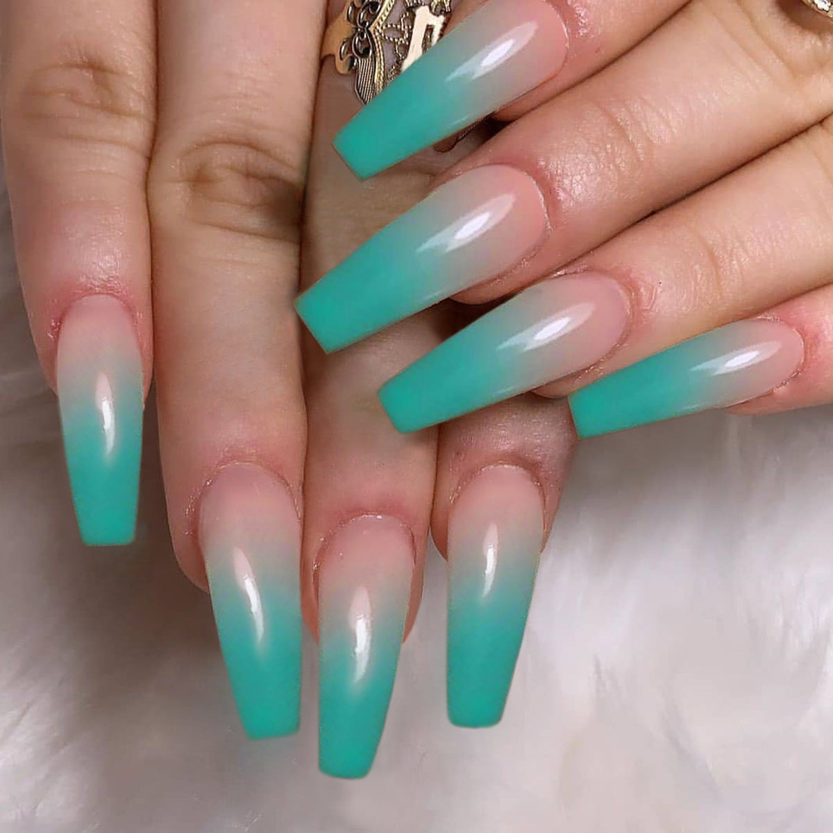 Waterproof Removable Long Ballerina Fake Nails – Water Green Gradient Finished Nails for a Stylish Look