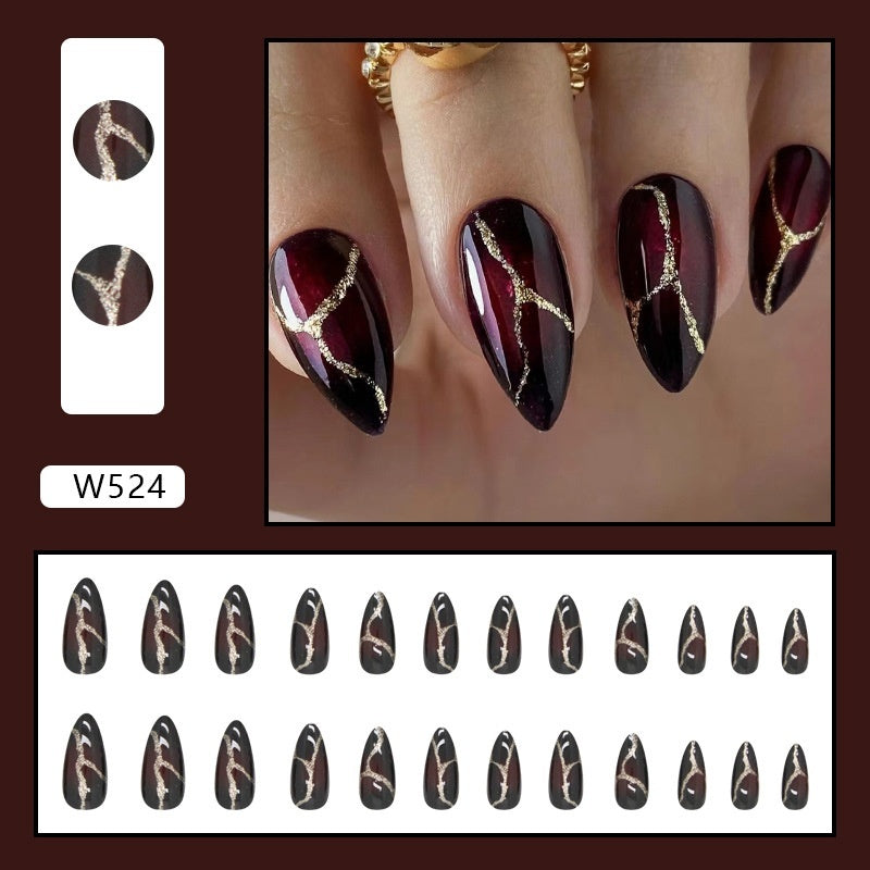 Dark Red Fake Nails with Gold Powder Stone Pattern – Wearable Nail Art