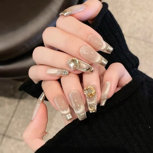 Elegant Champagne Cat Eye French Nails – Stylish Fake Nails for a Sophisticated Look