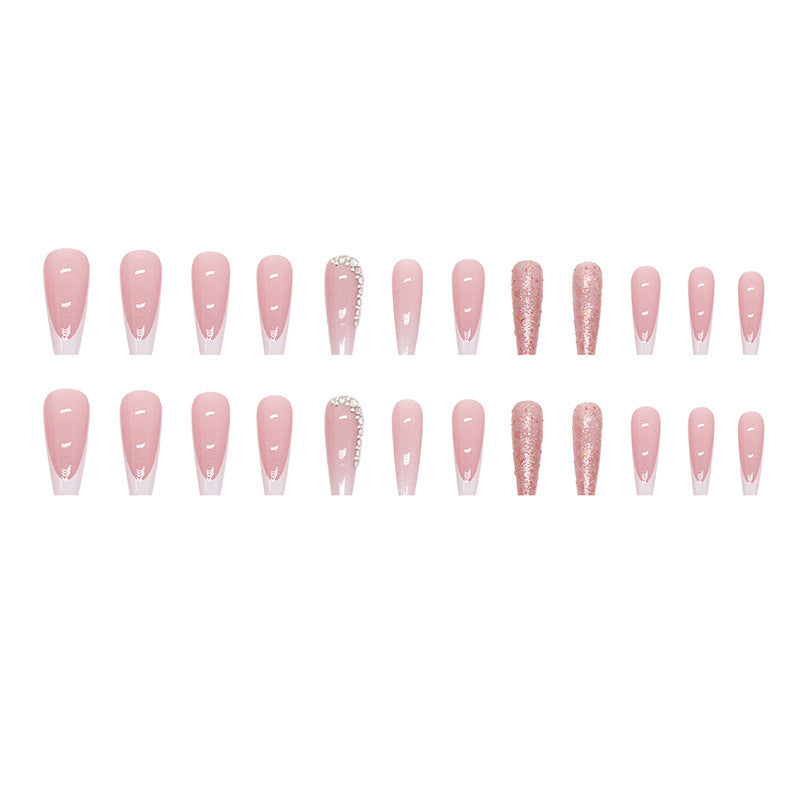 Simple French Gradient Long Pile Rhinestone Fake Nails