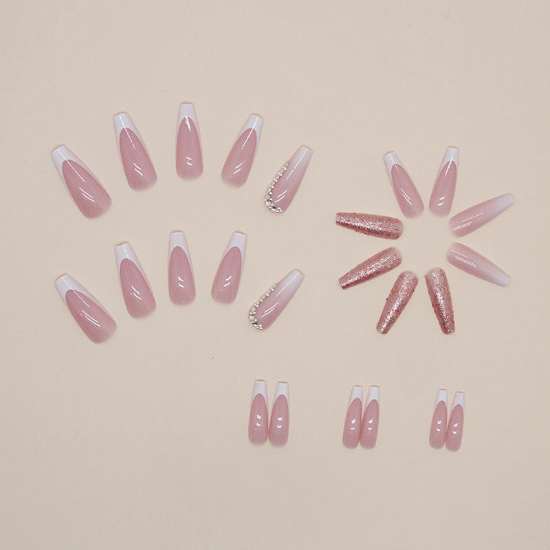 Simple French Gradient Long Pile Rhinestone Fake Nails