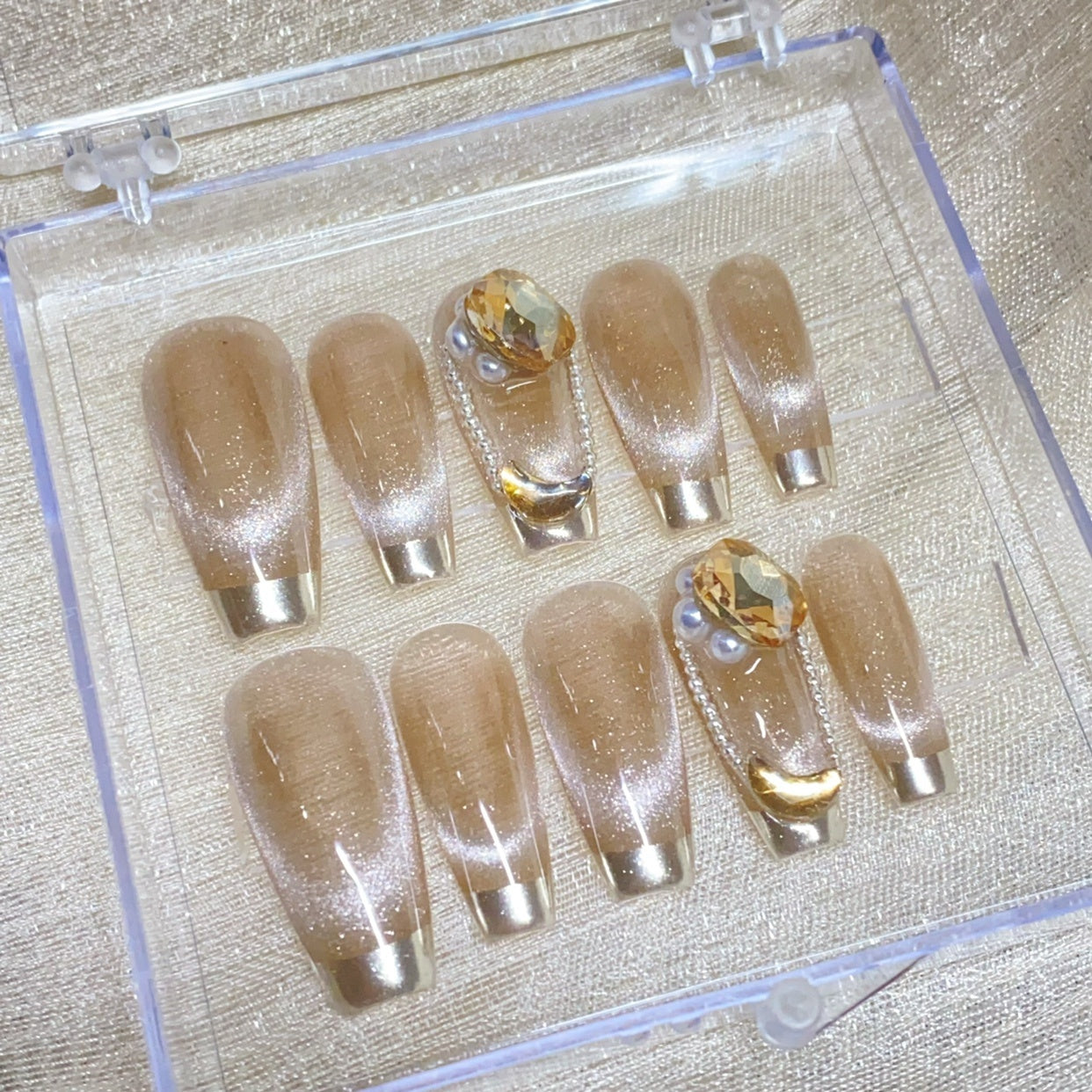 Elegant Champagne Cat Eye French Nails – Stylish Fake Nails for a Sophisticated Look