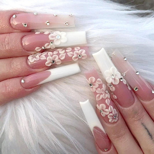 Long Ballerina Diamond French Fake Nails – Elegant Style for Stunning Manicures