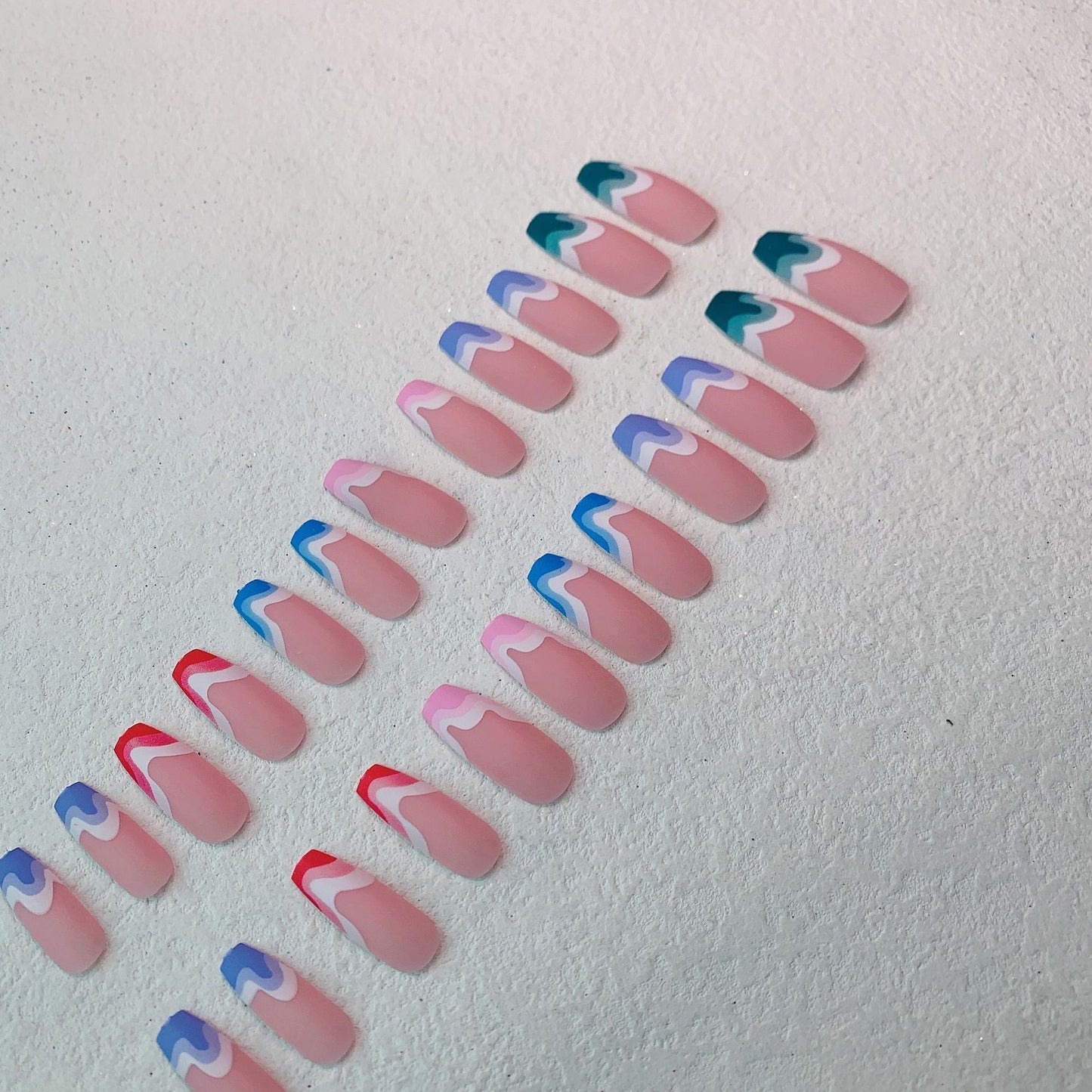 Extra Long Ballerina Fake Nails with Multicolored Wave Pattern and Frosted Finish