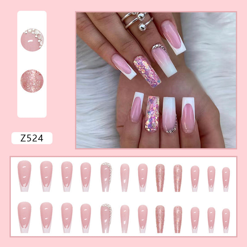 Simple French Gradient Long Pile Rhinestone Fake Nails