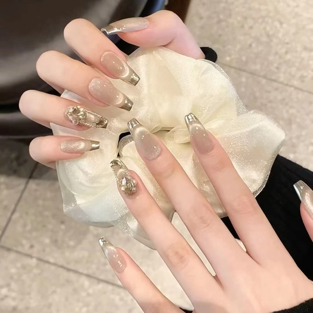 Elegant Champagne Cat Eye French Nails – Stylish Fake Nails for a Sophisticated Look