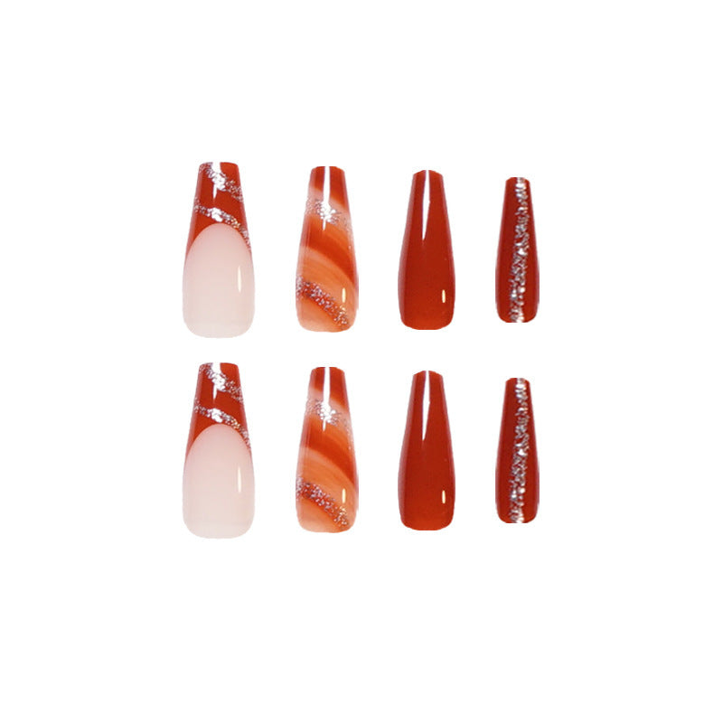 Red Maple Leaf Press-On Nails – Long French Nail Tips with Smudges for Stylish Manicure