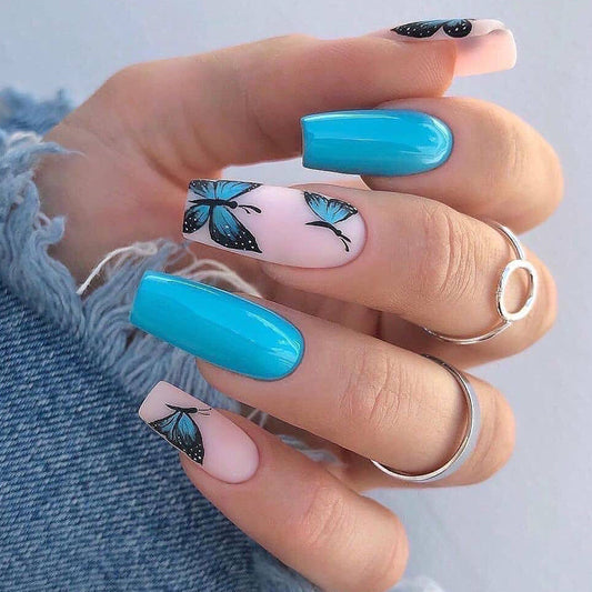 Blue Medium-Long Armor Style Fake Nails – Ready to Wear