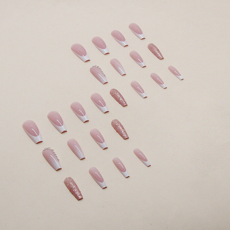 Simple French Gradient Long Pile Rhinestone Fake Nails