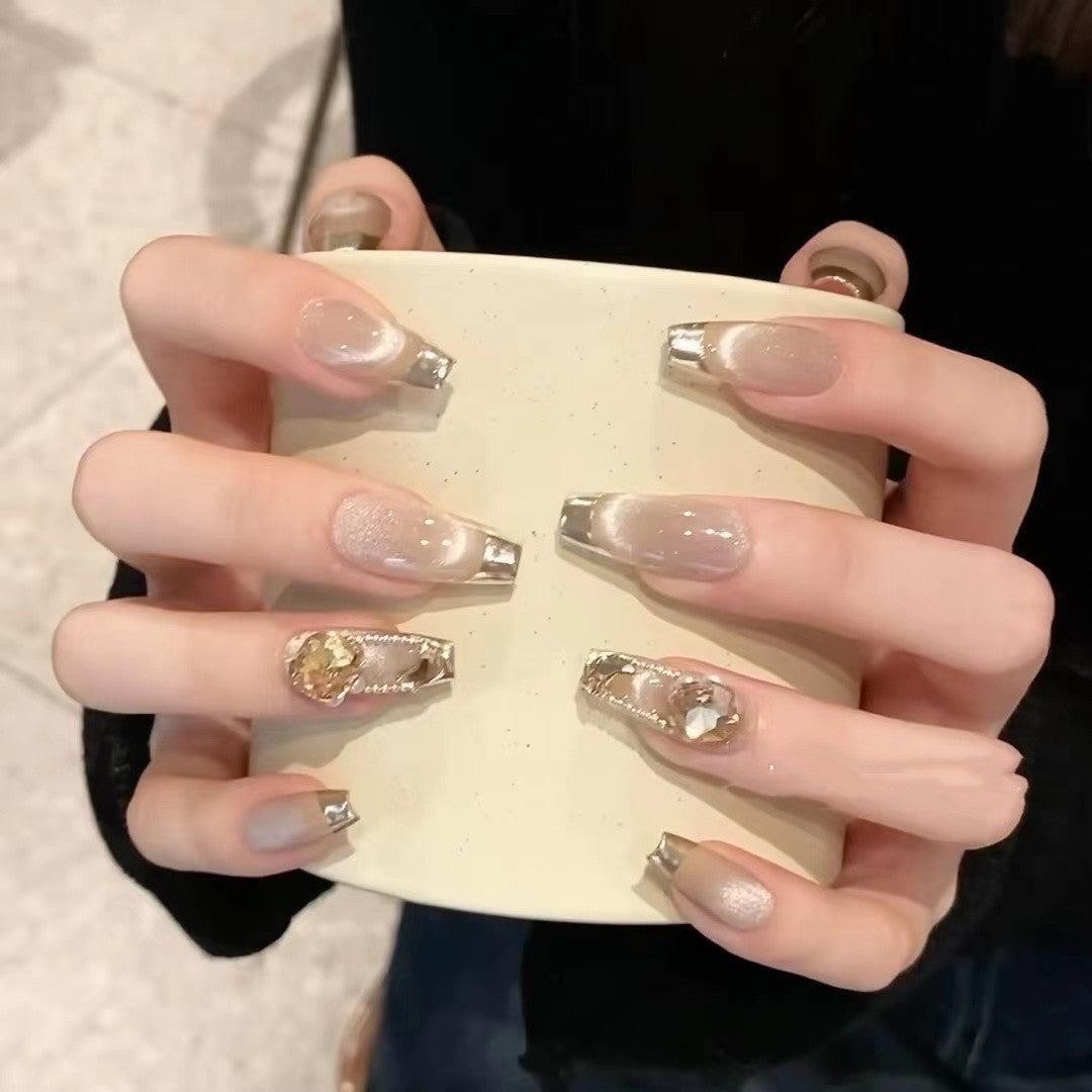 Elegant Champagne Cat Eye French Nails – Stylish Fake Nails for a Sophisticated Look