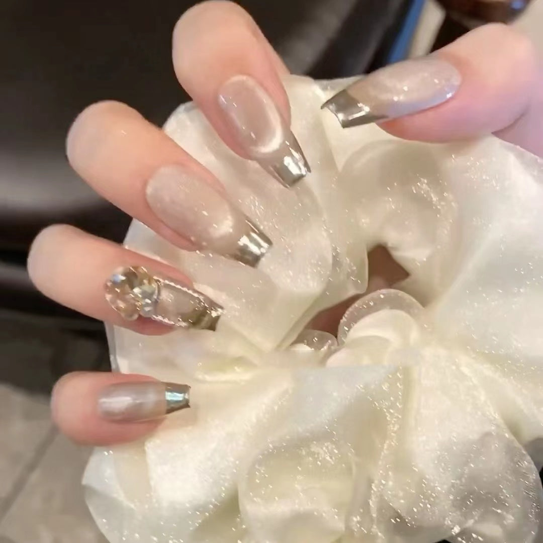 Elegant Champagne Cat Eye French Nails – Stylish Fake Nails for a Sophisticated Look