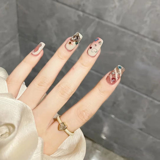 Hot Milk White Plaid Nail Art with Colorful Crystals – Stylish Wearable Nails for a Trendy Look