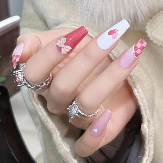 Ice-Permeable Grapefruit Red Nail Stickers – Chessboard Grid Design on White Fake Nails