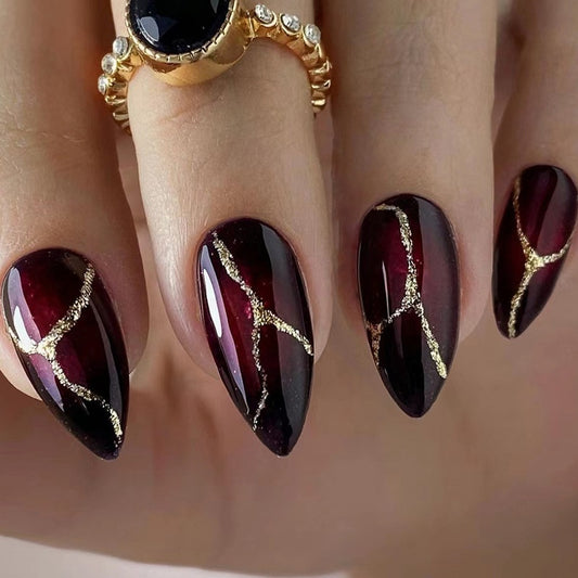 Dark Red Fake Nails with Gold Powder Stone Pattern – Wearable Nail Art